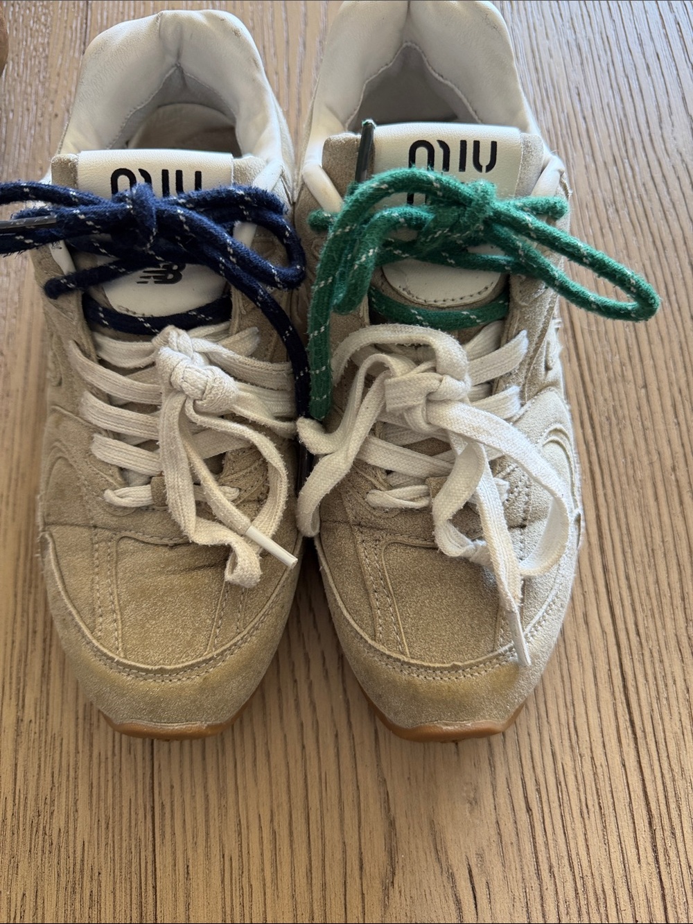 Miu Miu Beige Suede  Sneakers with Green & Navy Laces